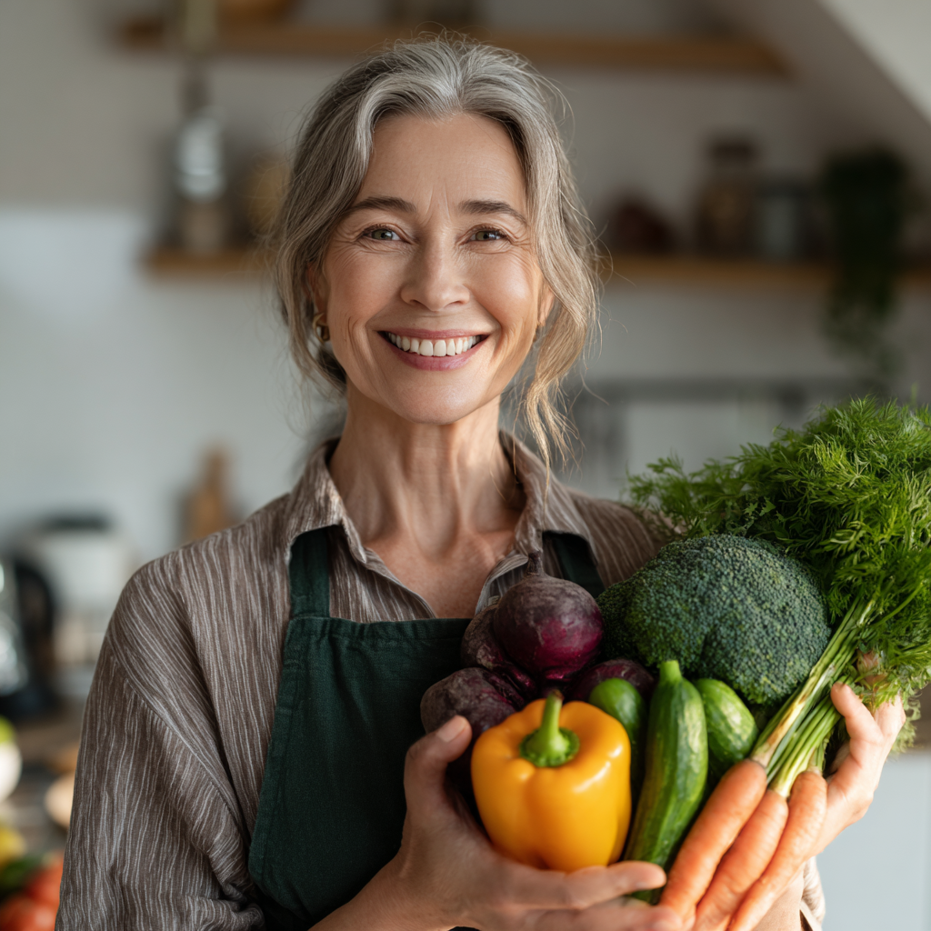 Чоловік європейської зовнішності віком 30-35 років тримає тарілку зі свіжими овочами і фруктами, усміхається, кухня на фоні, природне освітлення, реалістичний стиль